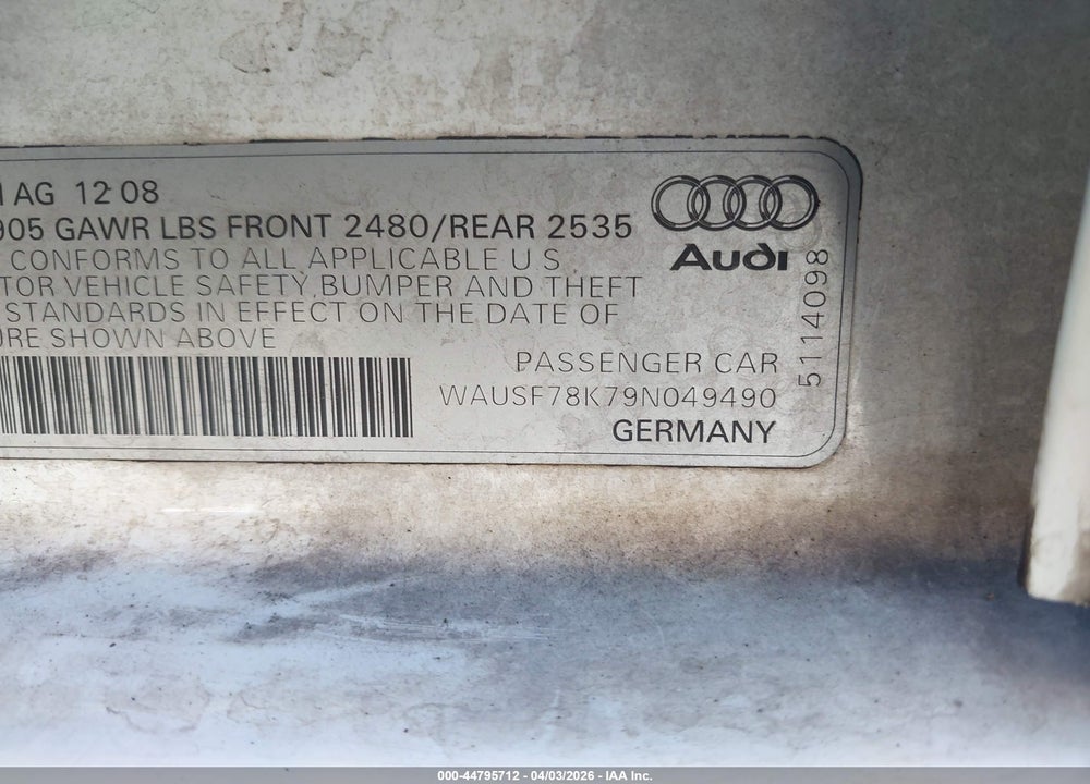2009 AUDI A4 2.0T PREMIUM VIN: WAUSF78K79N049490