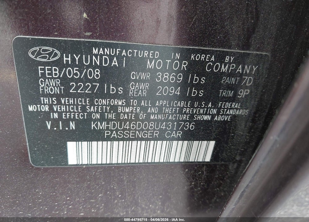 2008 HYUNDAI ELANTRA GLS/SE VIN: KMHDU46D08U431736