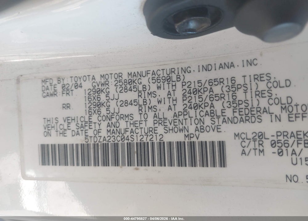 2004 TOYOTA SIENNA LE VIN: 5TDZA23C04S127212