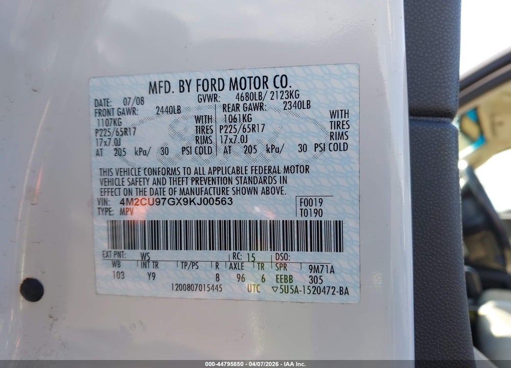 2009 MERCURY MARINER PREMIER V6 VIN: 4M2CU97GX9KJ00563