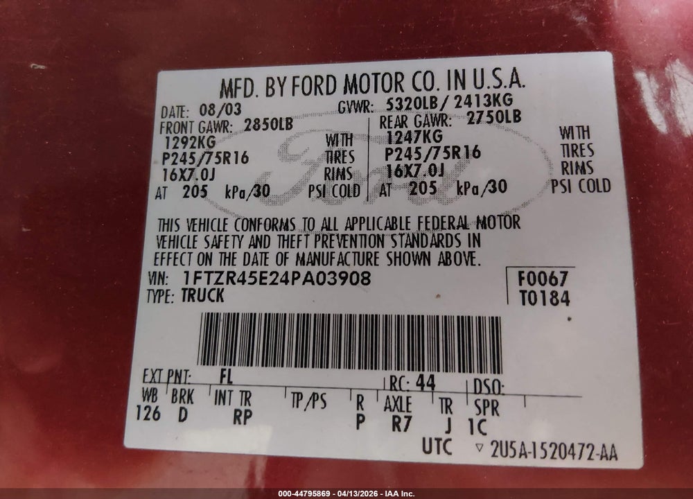 2004 FORD RANGER EDGE/TREMOR/XLT VIN: 1FTZR45E24PA03908