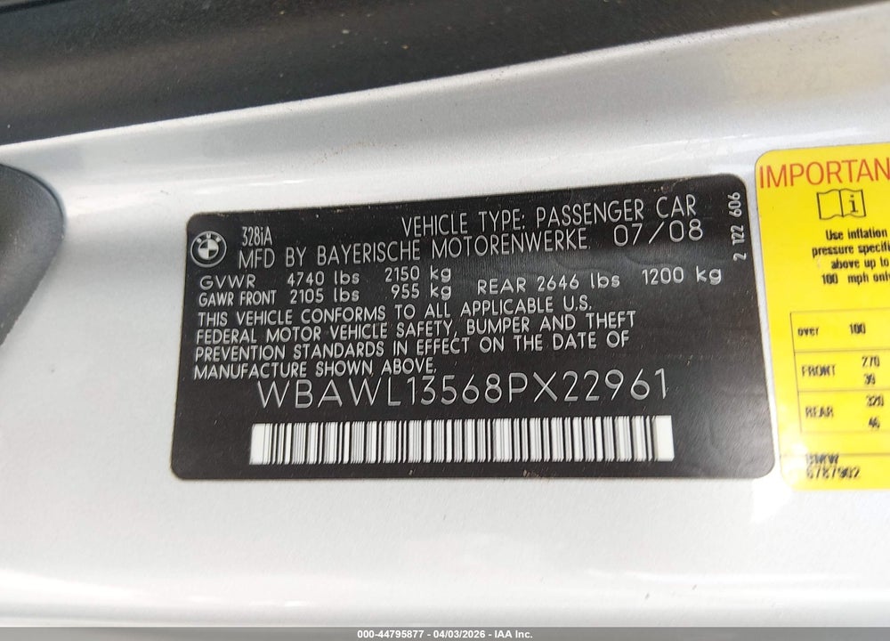 2008 BMW 328I VIN: WBAWL13568PX22961
