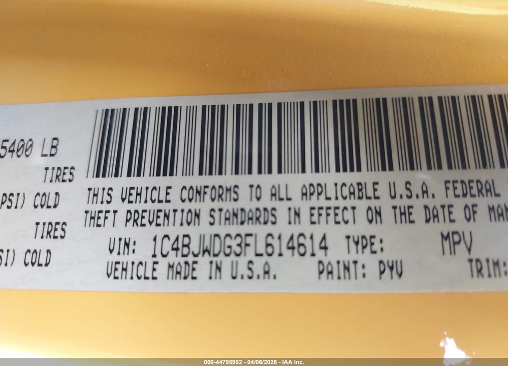 2015 JEEP WRANGLER UNLIMITED SPORT VIN: 1C4BJWDG3FL614614