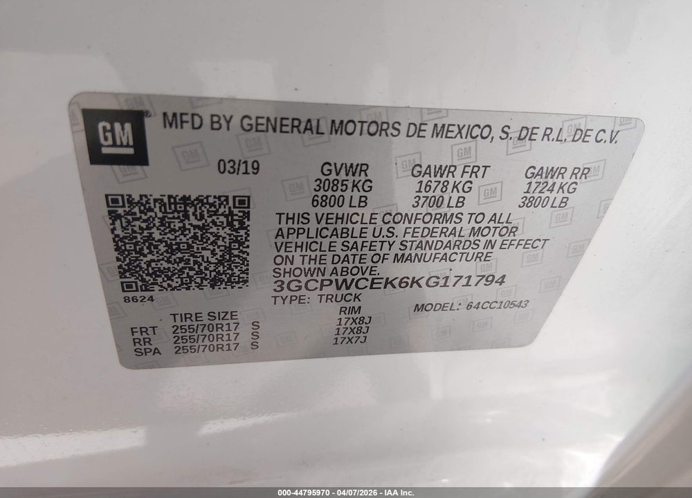 2019 CHEVROLET SILVERADO 1500 LT VIN: 3GCPWCEK6KG171794