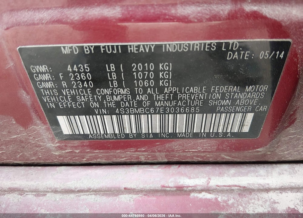 2014 SUBARU LEGACY 2.5I PREMIUM VIN: 4S3BMBC67E3036685