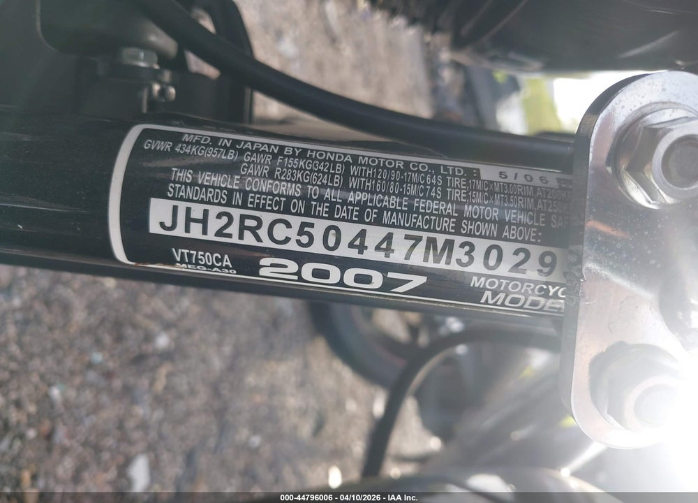 2007 HONDA VT750 VIN: JH2RC50447M302934