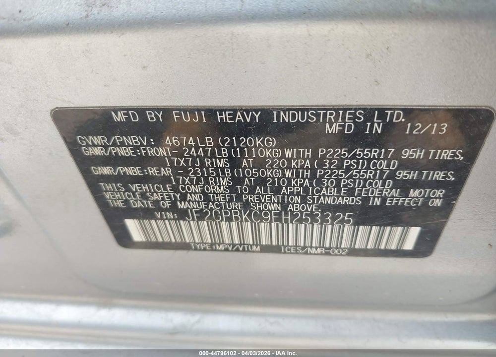 2014 SUBARU XV CROSSTREK HYBRID 2.0I TOURING VIN: JF2GPBKC9EH253325