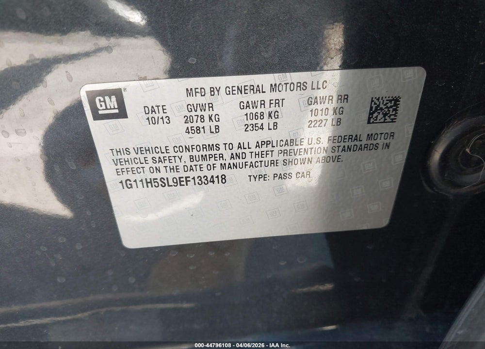 2014 CHEVROLET MALIBU 1LZ VIN: 1G11H5SL9EF133418