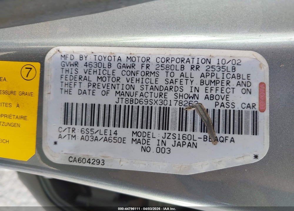 2003 LEXUS GS 300 VIN: JT8BD69SX30178263
