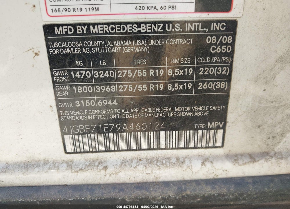 2009 MERCEDES-BENZ GL 450 4MATIC VIN: 4JGBF71E79A460124