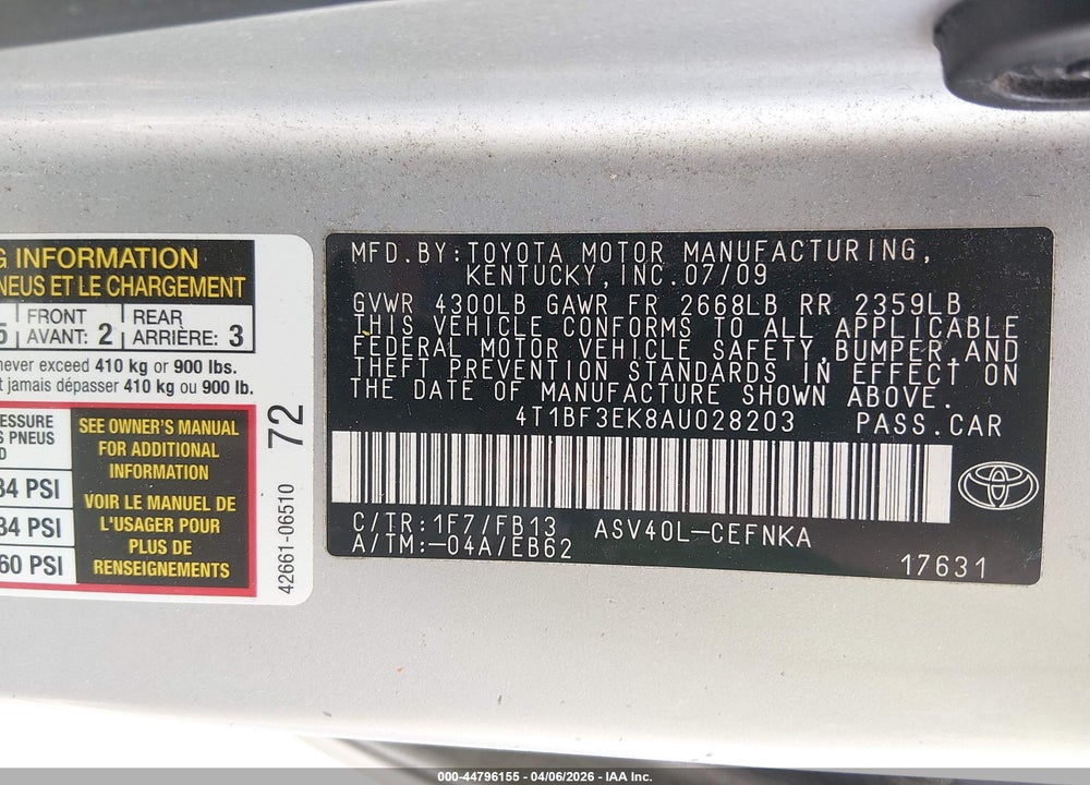 2010 TOYOTA CAMRY VIN: 4T1BF3EK8AU028203