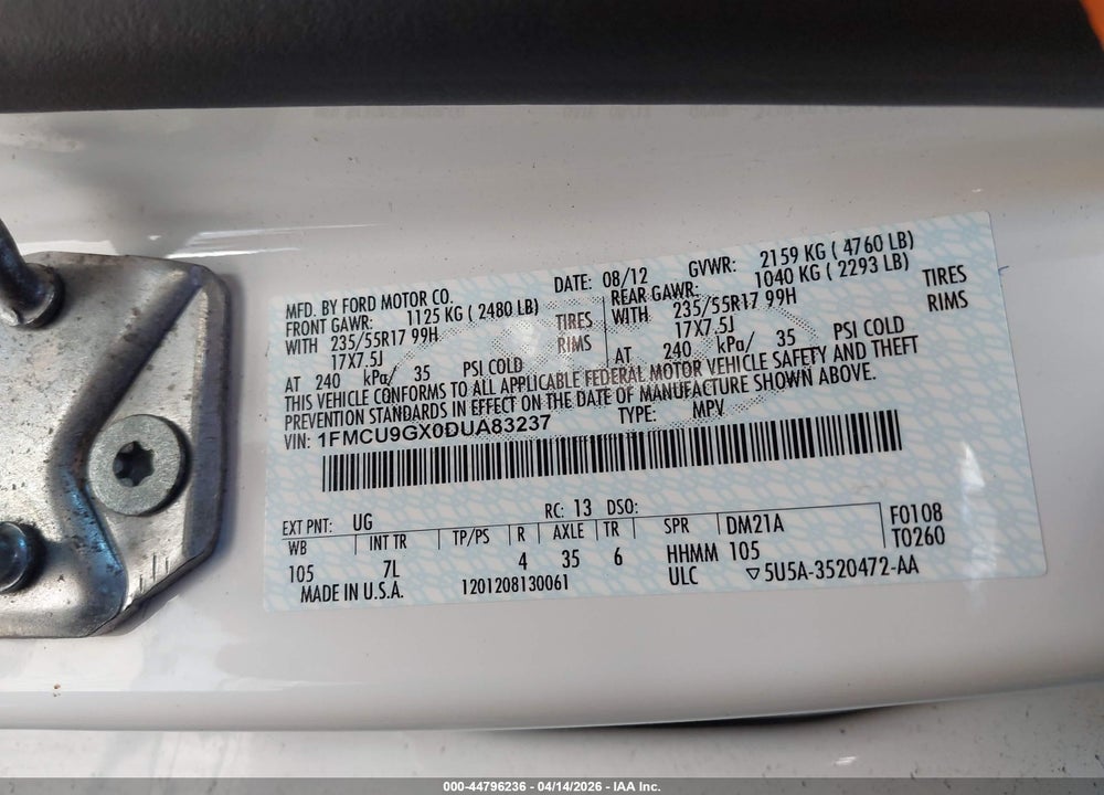 2013 FORD ESCAPE SE VIN: 1FMCU9GX0DUA83237