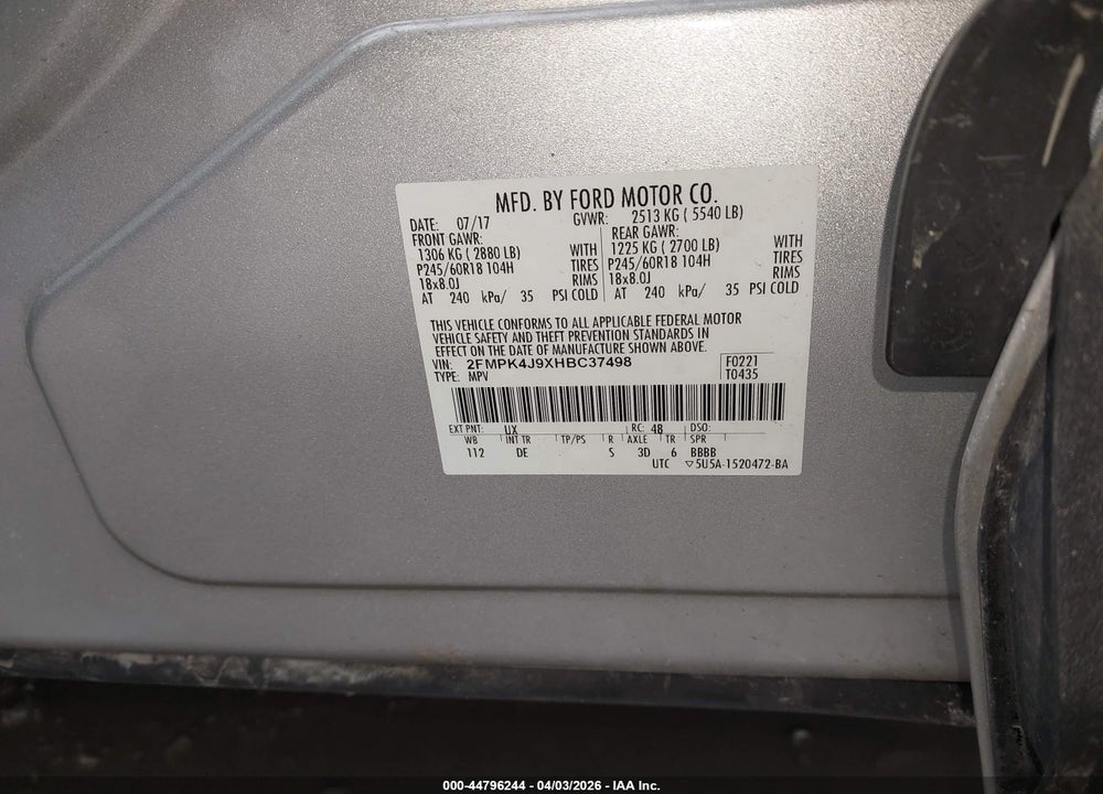 2017 FORD EDGE SEL VIN: 2FMPK4J9XHBC37498