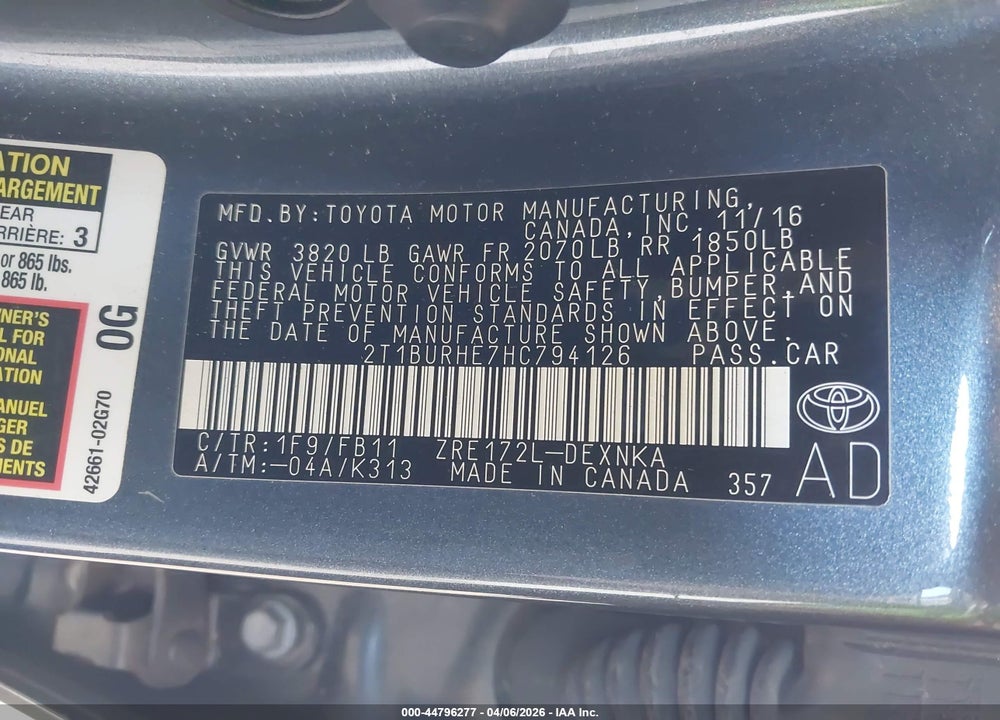 2017 TOYOTA COROLLA LE VIN: 2T1BURHE7HC794126