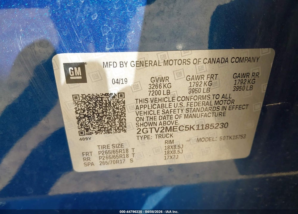 2019 GMC SIERRA 1500 LIMITED SLE VIN: 2GTV2MEC5K1185230