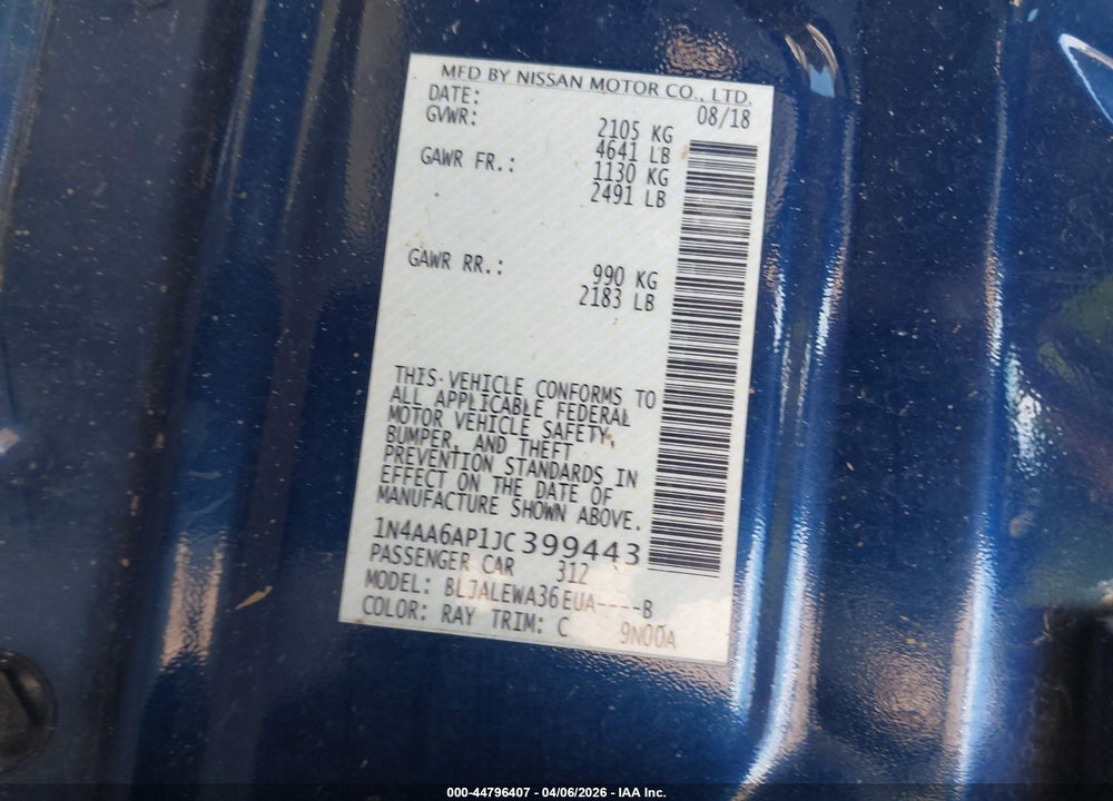 2018 NISSAN MAXIMA 3.5 SL VIN: 1N4AA6AP1JC399443