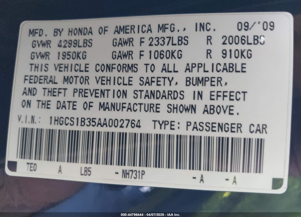 2010 HONDA ACCORD 2.4 LX-S VIN: 1HGCS1B35AA002764