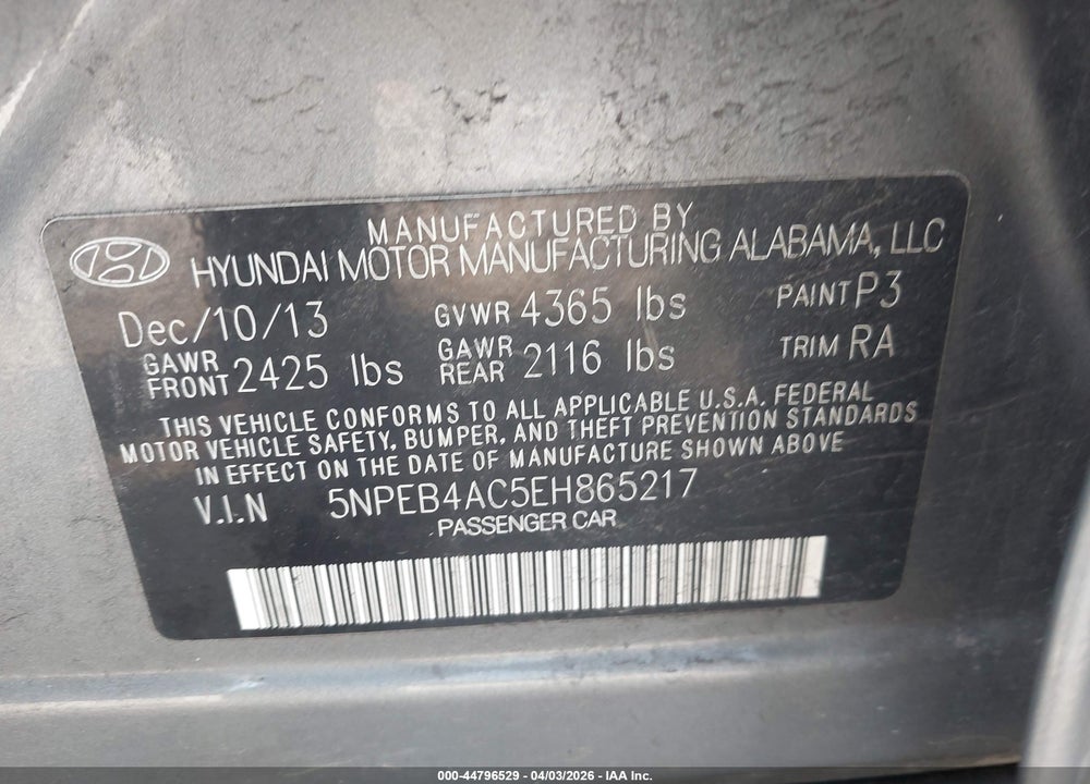 2014 HYUNDAI SONATA GLS VIN: 5NPEB4AC5EH865217