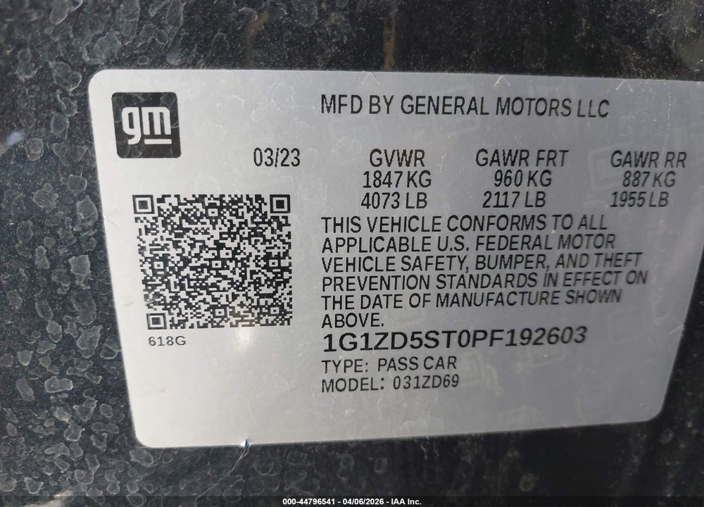 2023 CHEVROLET MALIBU FWD 1LT VIN: 1G1ZD5ST0PF192603