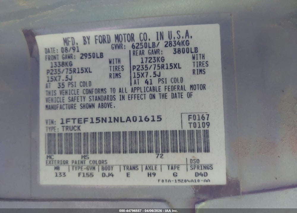 1992 FORD F150 VIN: 1FTEF15N1NLA01615