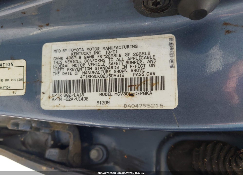 2002 TOYOTA CAMRY XLE V6 VIN: 4T1BF30K82U509318