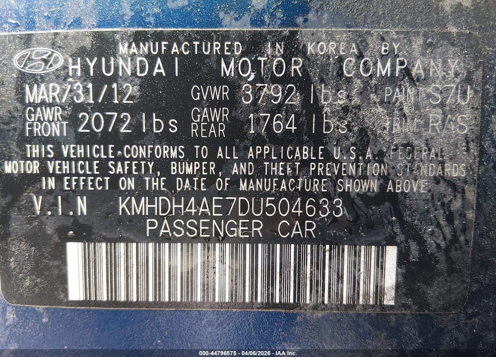 2013 HYUNDAI ELANTRA LIMITED VIN: KMHDH4AE7DU504633
