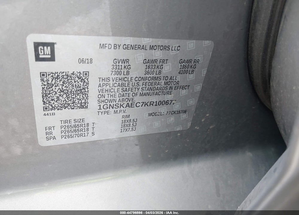 2019 CHEVROLET TAHOE LS VIN: 1GNSKAEC7KR100677