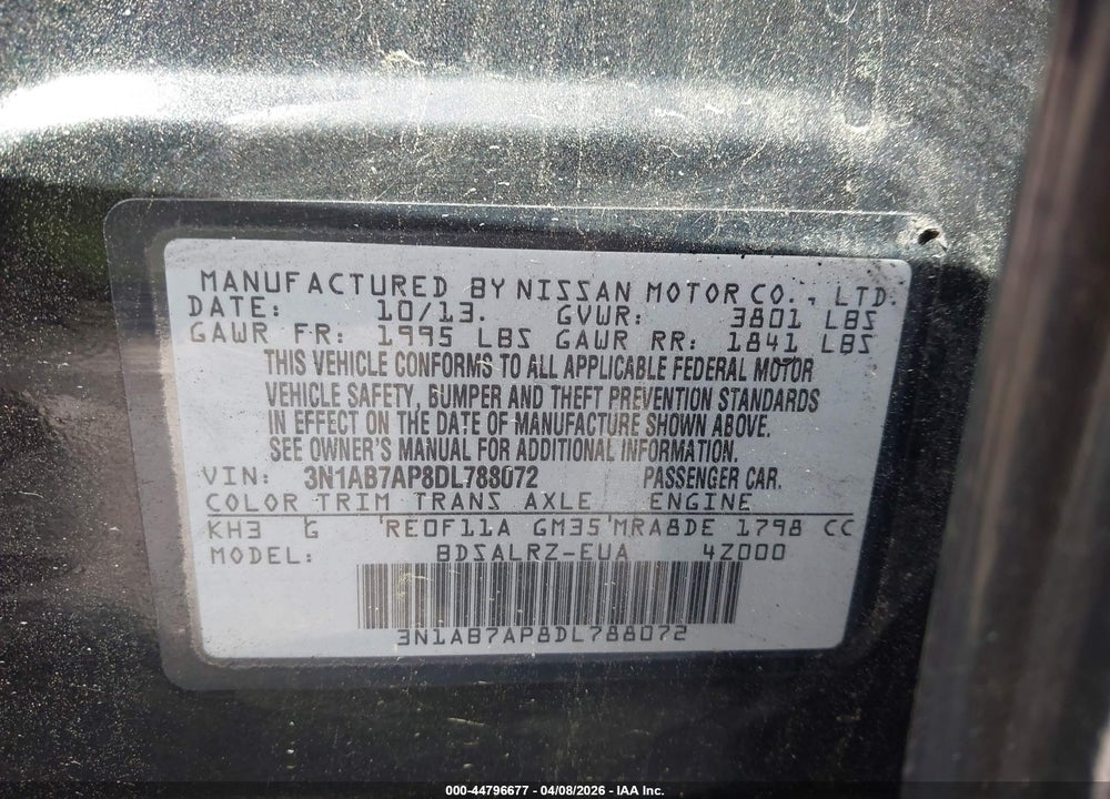 2013 NISSAN SENTRA SR VIN: 3N1AB7AP8DL788072