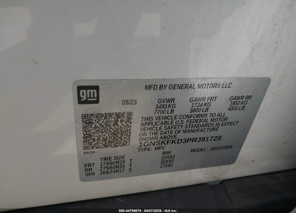 2023 CHEVROLET SUBURBAN 4WD PREMIER VIN: 1GNSKFKD3PR391728