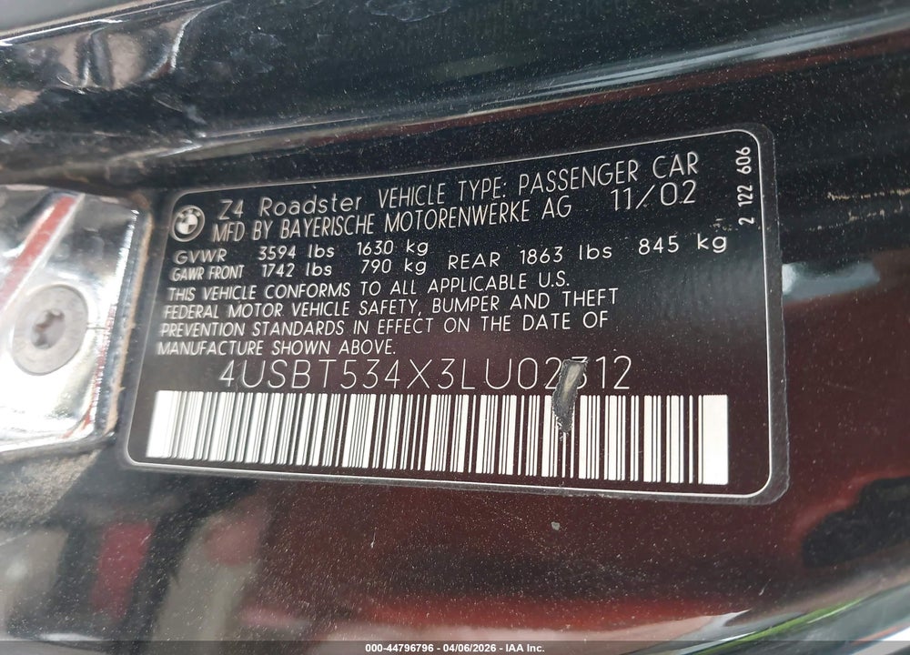 2003 BMW Z4 3.0I VIN: 4USBT534X3LU02312