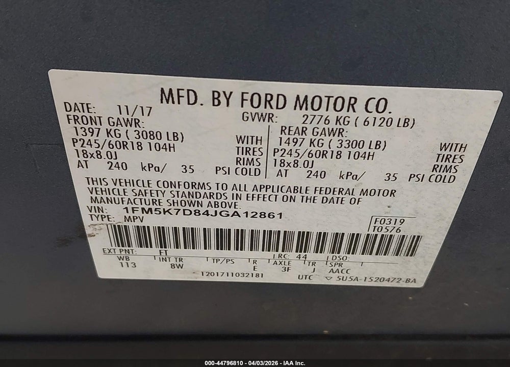 2018 FORD EXPLORER XLT VIN: 1FM5K7D84JGA12861