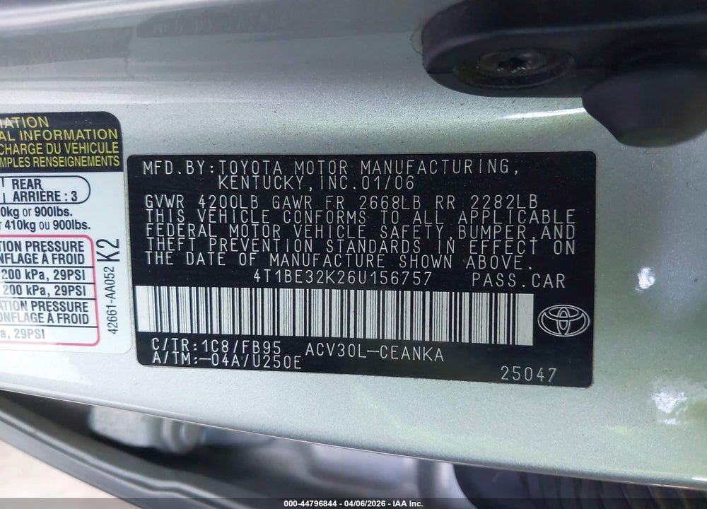 2006 TOYOTA CAMRY LE VIN: 4T1BE32K26U156757