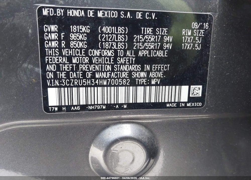 2017 HONDA HR-V LX VIN: 3CZRU5H34HM700582