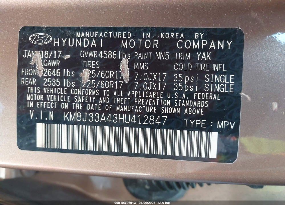 2017 HYUNDAI TUCSON SE PLUS VIN: KM8J33A43HU412847