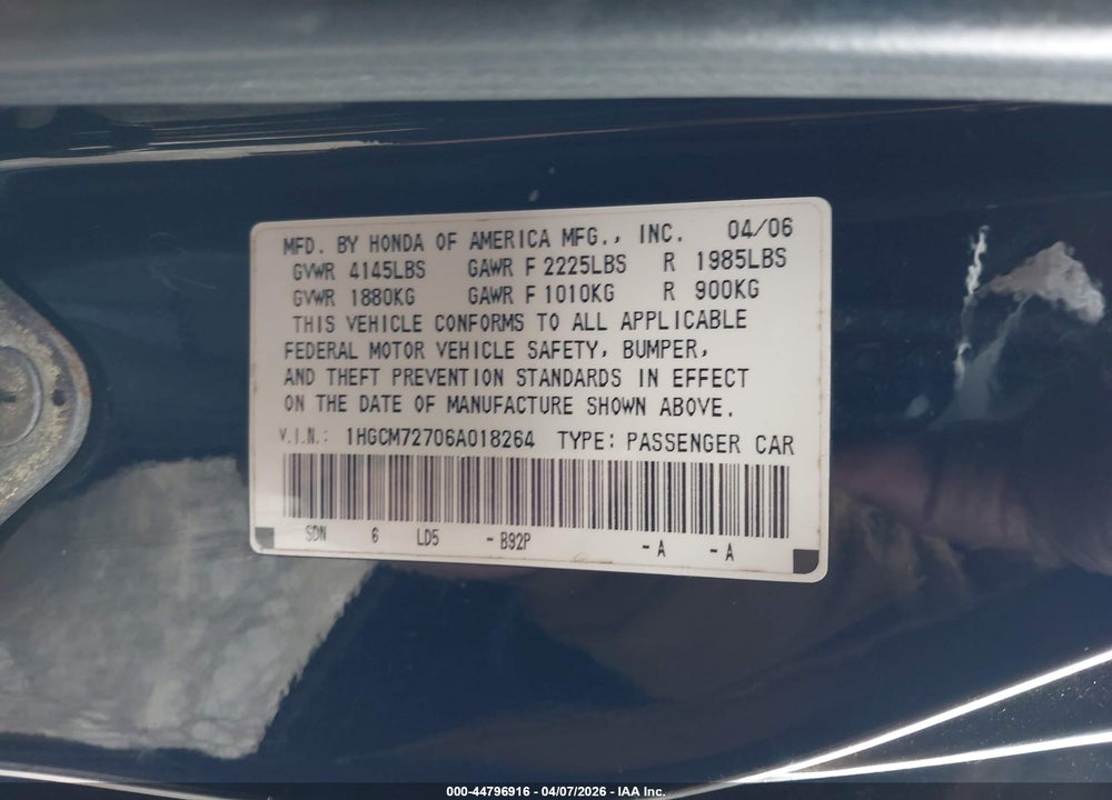 2006 HONDA ACCORD 2.4 EX VIN: 1HGCM72706A018264