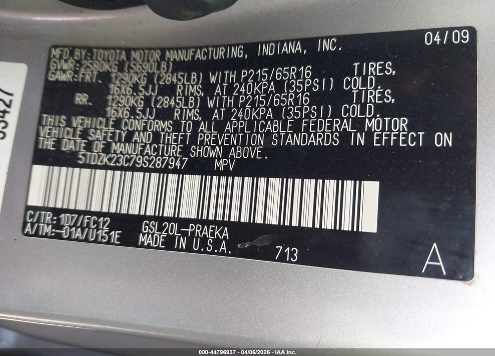 2009 TOYOTA SIENNA LE VIN: 5TDZK23C79S287947