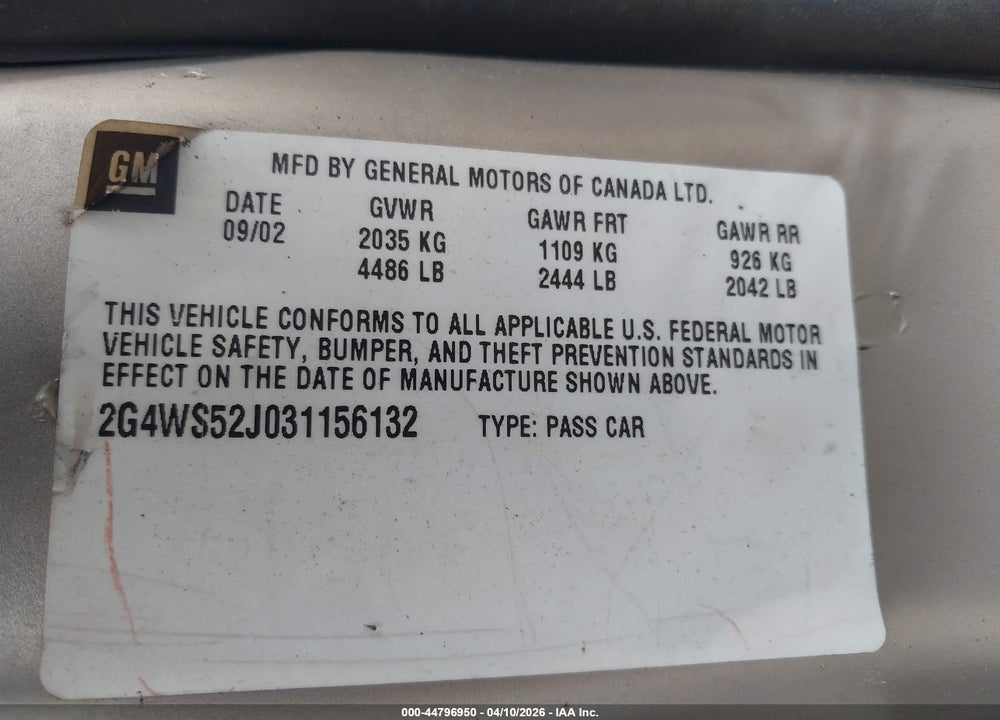 2003 BUICK CENTURY CUSTOM VIN: 2G4WS52J031156132