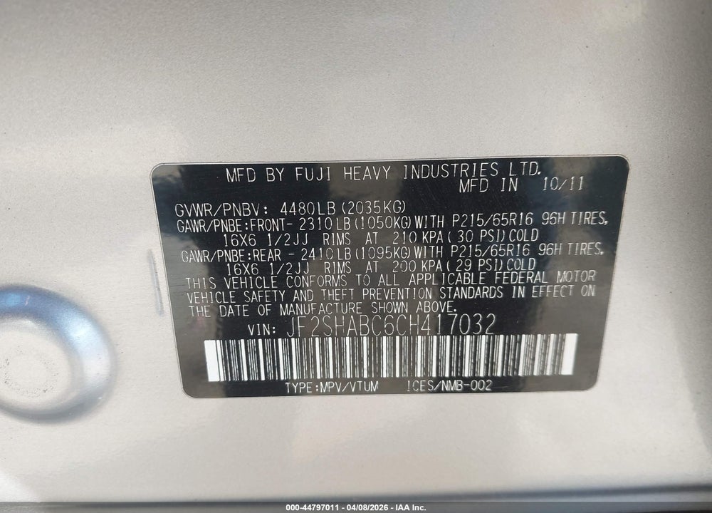 2012 SUBARU FORESTER 2.5X VIN: JF2SHABC6CH417032