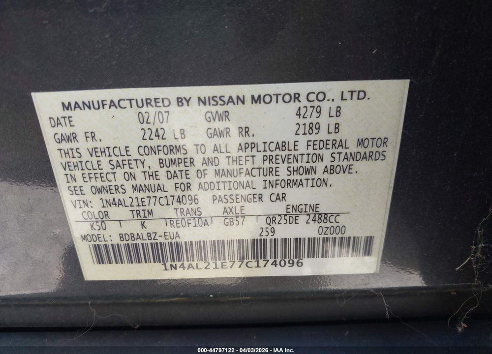 2007 NISSAN ALTIMA 2.5 S VIN: 1N4AL21E77C174096