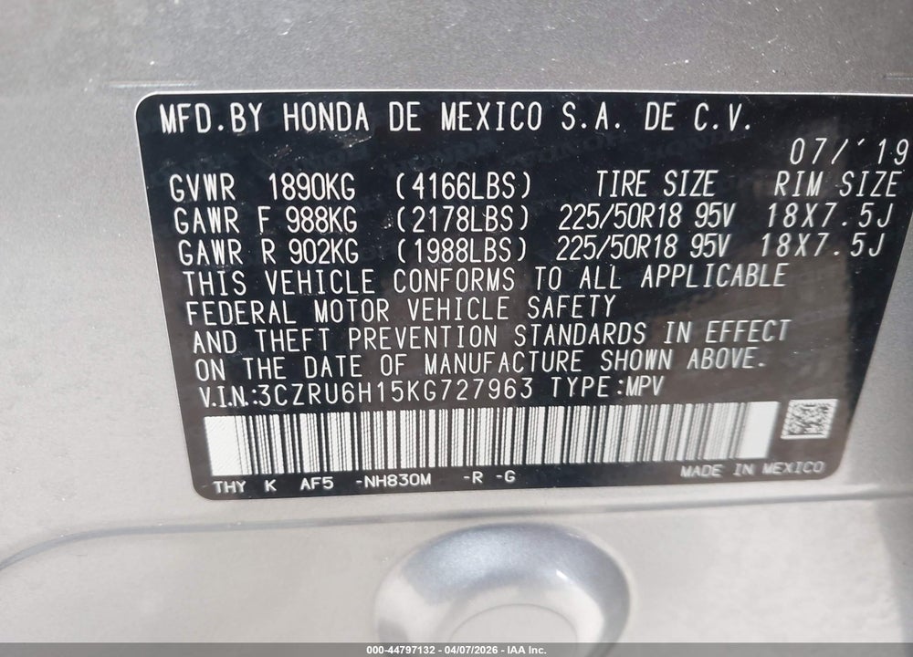 2019 HONDA HR-V SPORT VIN: 3CZRU6H15KG727963