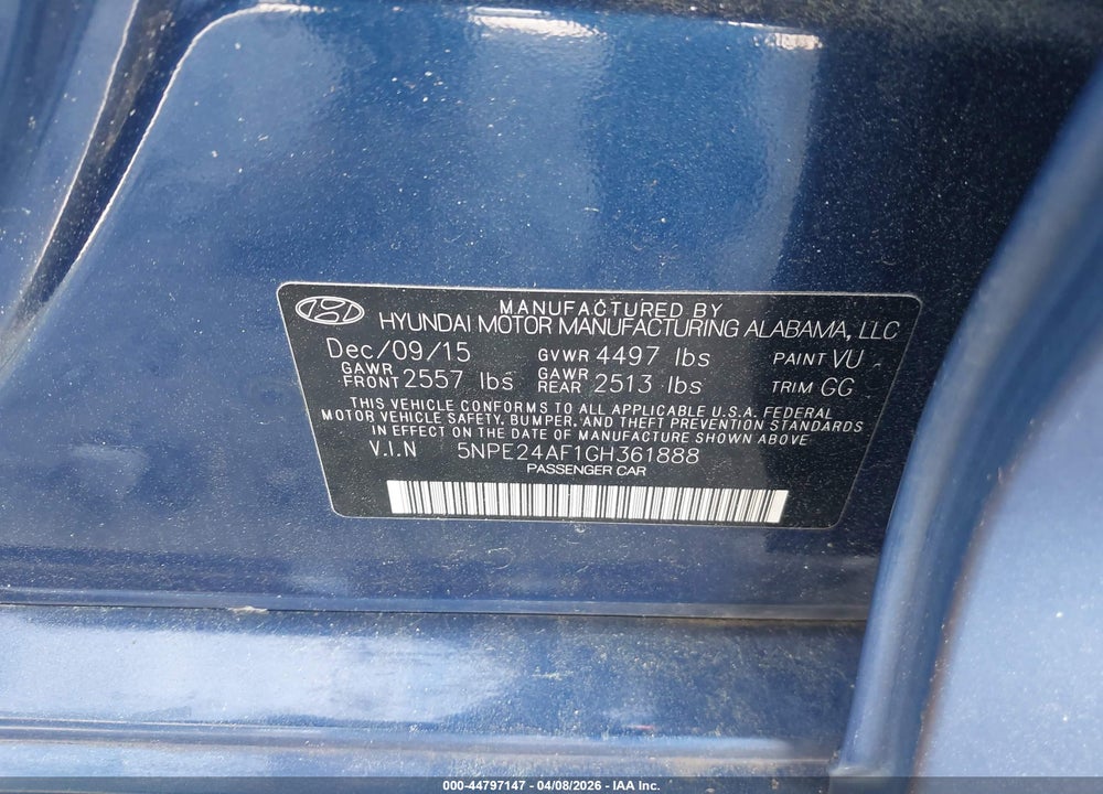 2016 HYUNDAI SONATA SE VIN: 5NPE24AF1GH361888