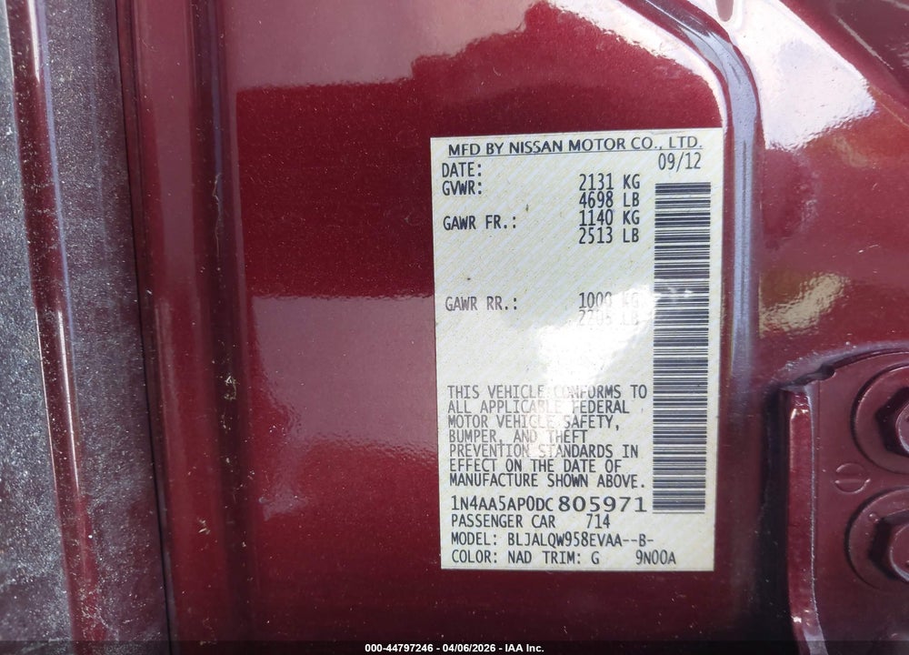 2013 NISSAN MAXIMA 3.5 S VIN: 1N4AA5AP0DC805971