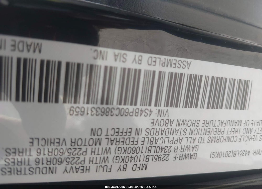 2008 SUBARU OUTBACK VIN: 4S4BP60C386331659
