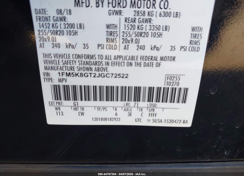 2018 FORD EXPLORER SPORT VIN: 1FM5K8GT2JGC72522