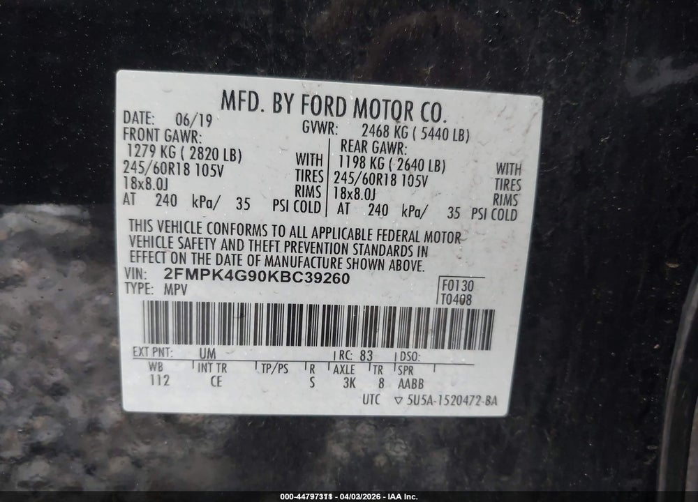 2019 FORD EDGE SE VIN: 2FMPK4G90KBC39260
