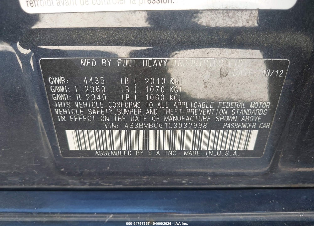 2012 SUBARU LEGACY 2.5I PREMIUM VIN: 4S3BMBC61C3032998