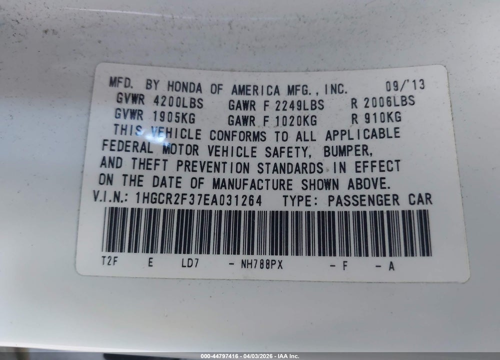 2014 HONDA ACCORD LX VIN: 1HGCR2F37EA031264