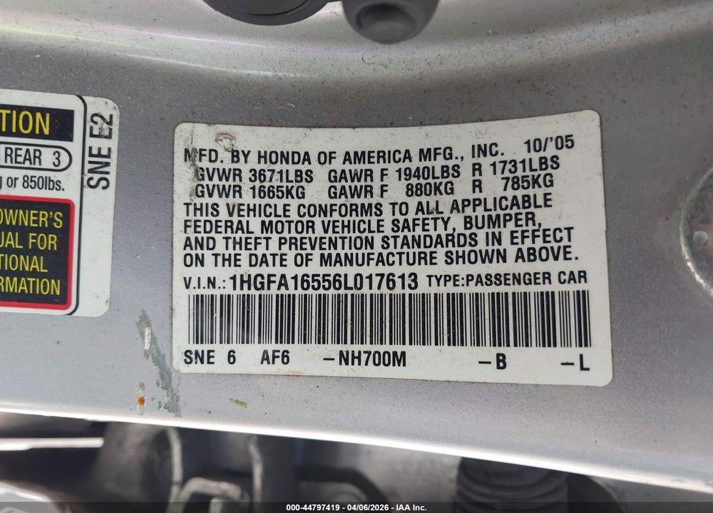 2006 HONDA CIVIC LX VIN: 1HGFA16556L017613