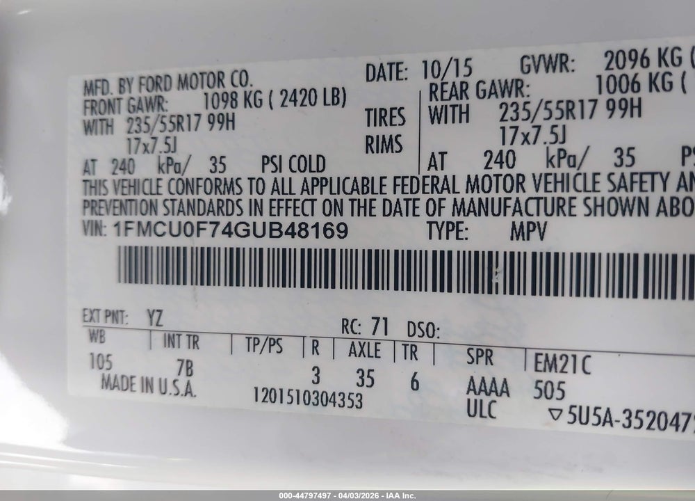 2016 FORD ESCAPE S VIN: 1FMCU0F74GUB48169