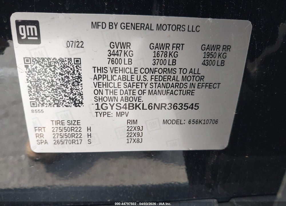 2022 CADILLAC ESCALADE 4WD PREMIUM LUXURY VIN: 1GYS4BKL6NR363545